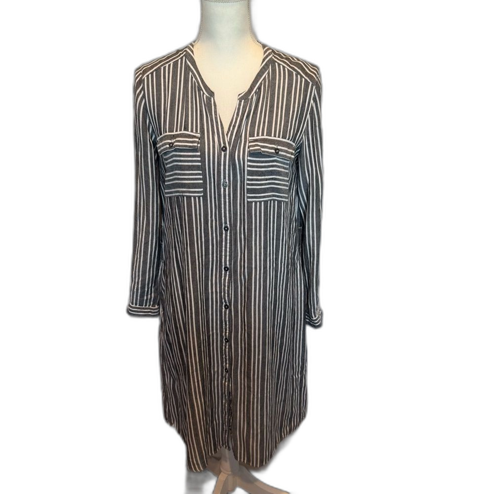 Downeast Shirt Dress Medium Button Front Charcoal White Stripe Pockets